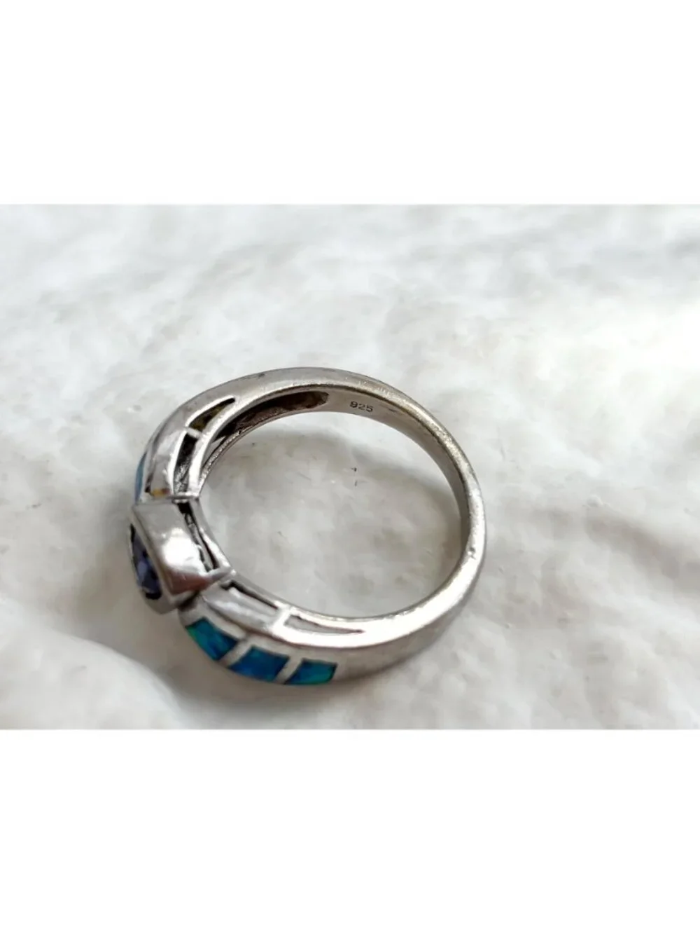 Tanzanite & Opal Framed Gemstone Sterling Silver 925 Vintage Ring - sz 7.25